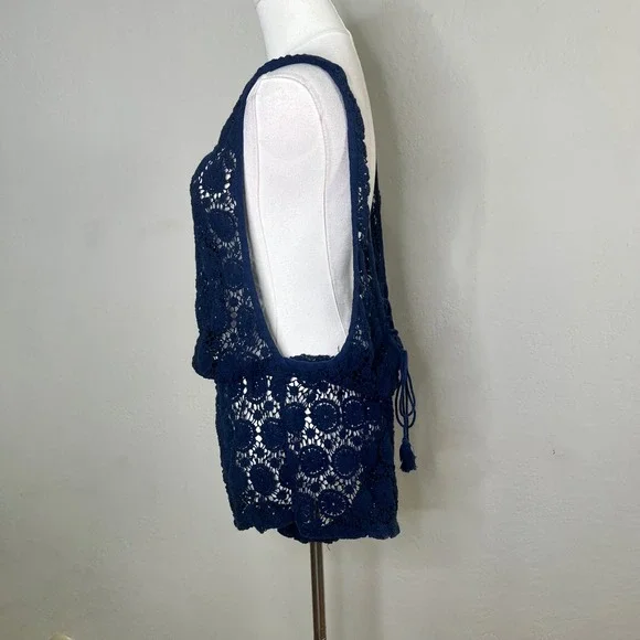 Victorias Secret Navy Blue Crochet Lace Romper Swim Cover Up Large Tassels - Picture 3 of 6